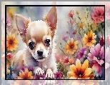 Grafika, Pies, Szczeniak, Chihuahua, Akwarela, Kwiaty
